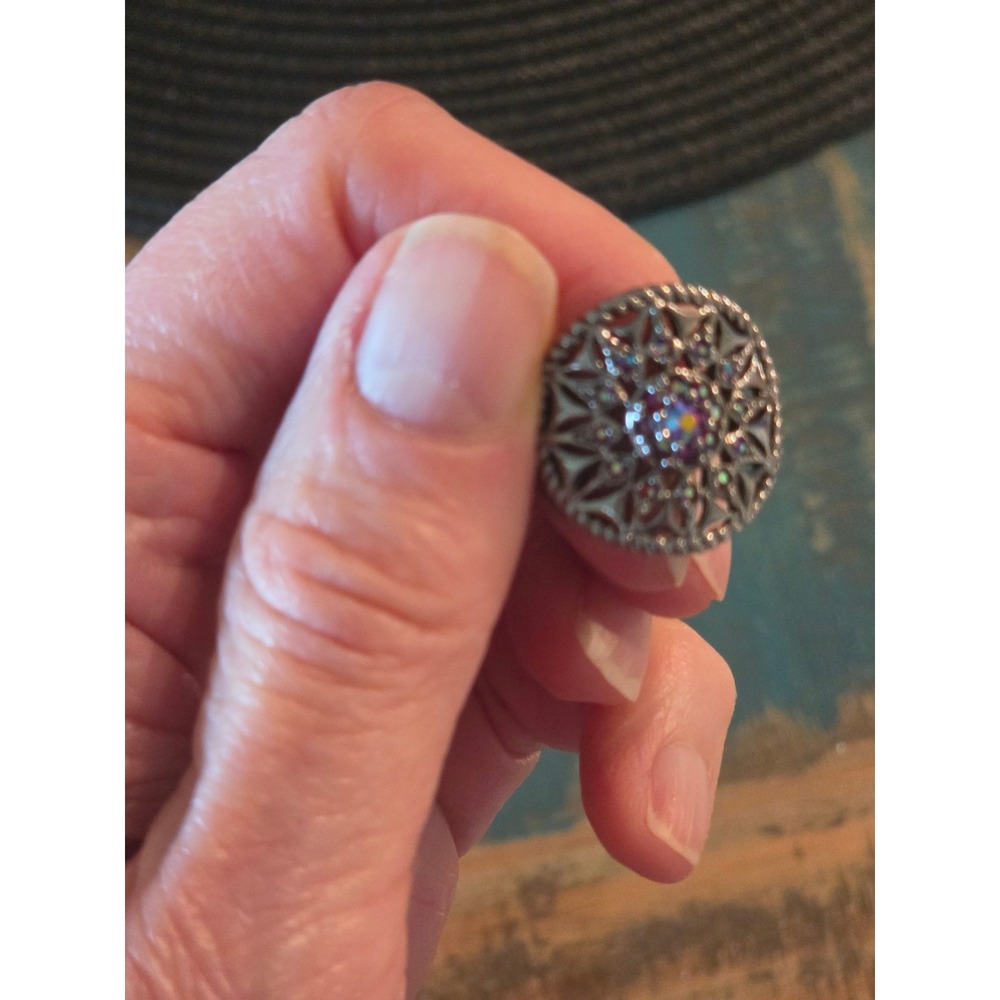 Vintage Silver Tone Filigree Cocktail Ring with Aurora Borealis Rhinestone - Picture 1 of 3